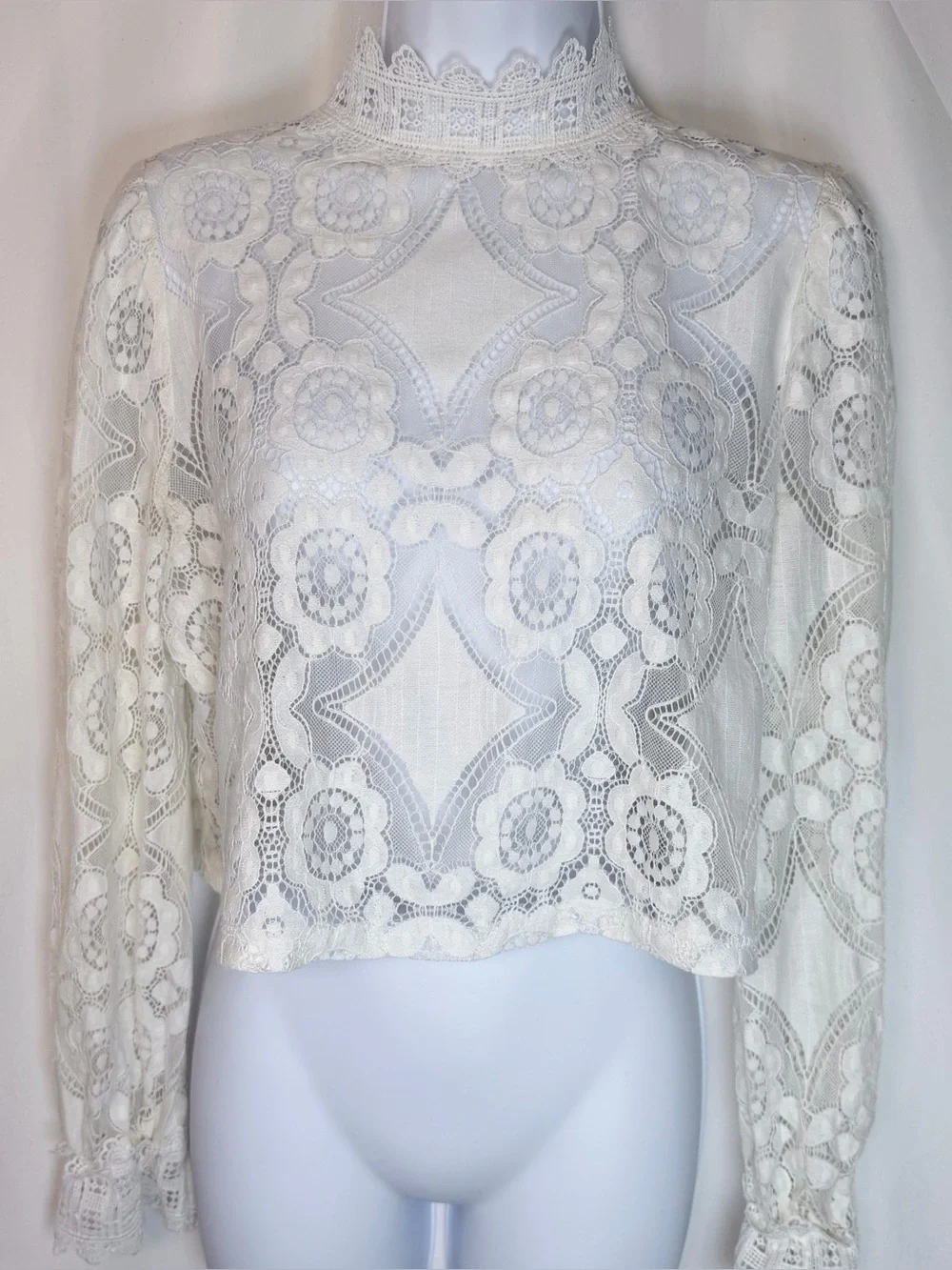 Zara Ivory Floral Lace High Neck Cropped Blouse Top Size Small